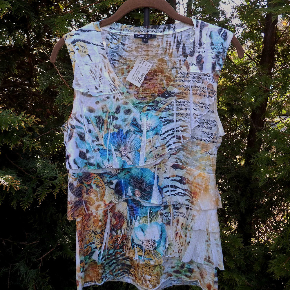Boho Chic Tropical Multicolor Bunrnout Tank Top NWT